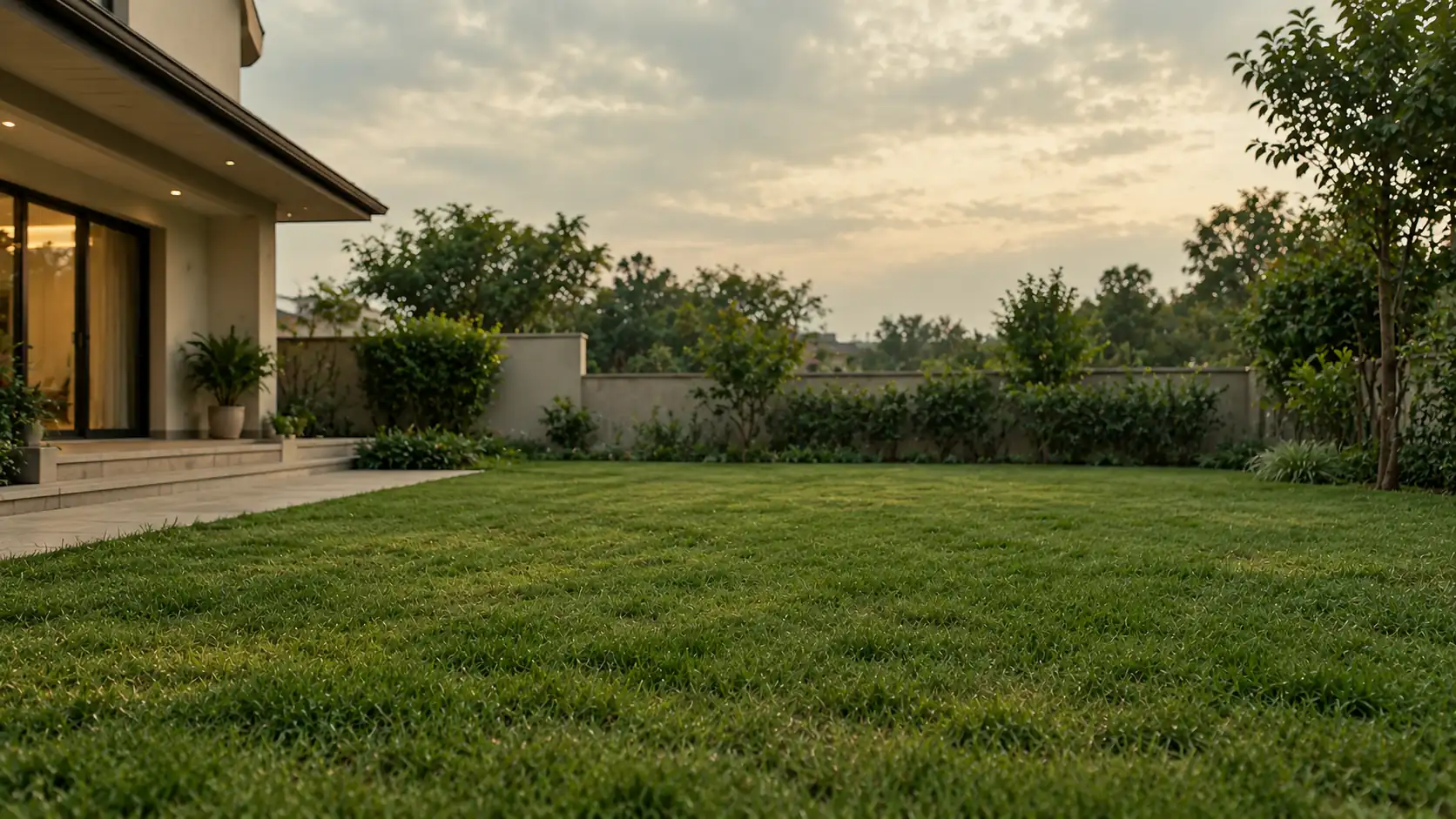 Lush green natural lawn in front of a modern villa